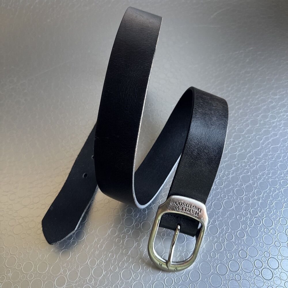 Vintage 1999 Harley Davidson Leather Belt Black Silver Logo Buckle 99VM Size 34